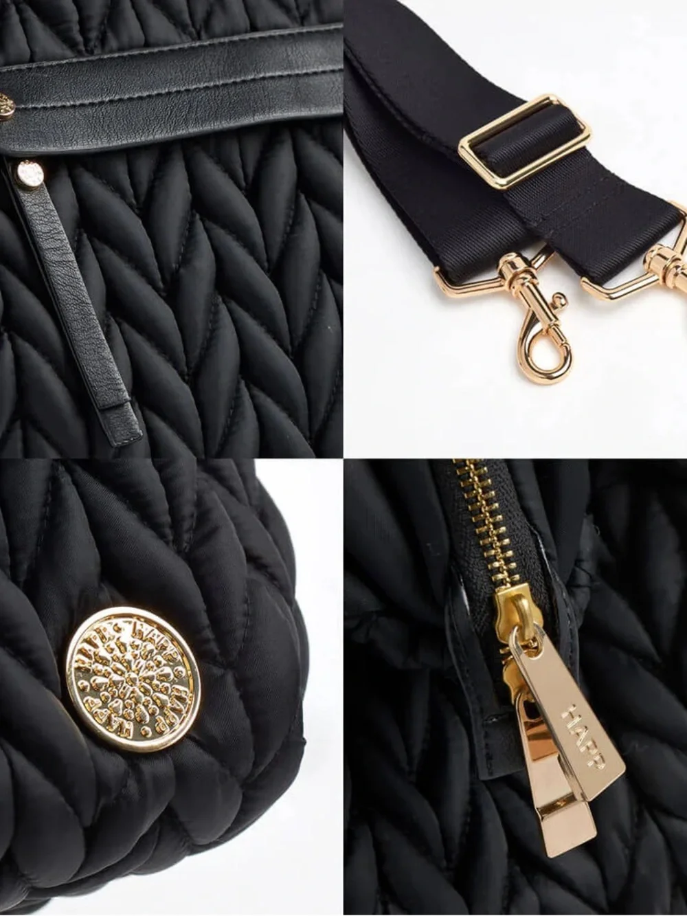 Quilted Black Nylon Baby Bag with Gold-Tone Accents